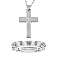 Lord's Prayer Bracelet 8.50 inch and Cross Pendant Necklace in Stainless Steel (24.00 In)