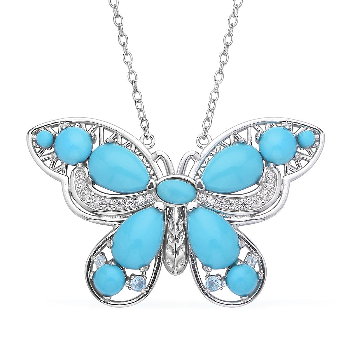 Sleeping Beauty Turquoise and Multi Gemstone Butterfly Pendant Necklace 18 Inches in Rhodium Over Sterling Silver 6.70 ctw