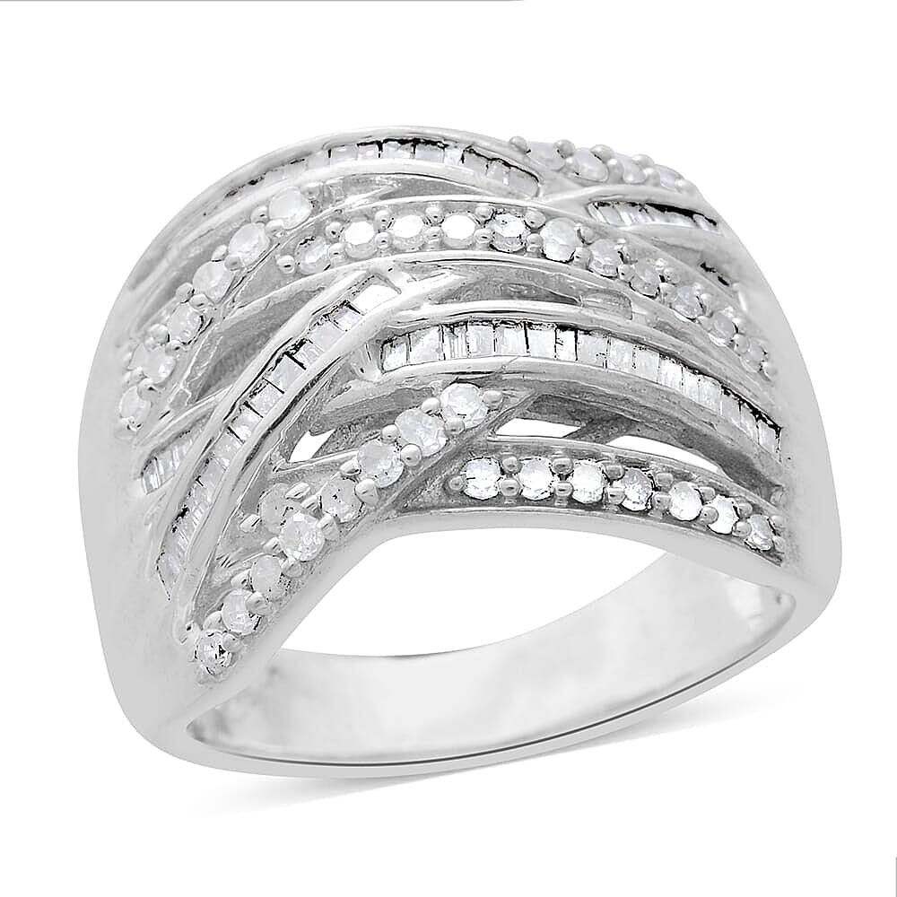 Diamond Criss Cross Ring in Platinum Over Sterling Silver (Size 6.0) 1.00 ctw