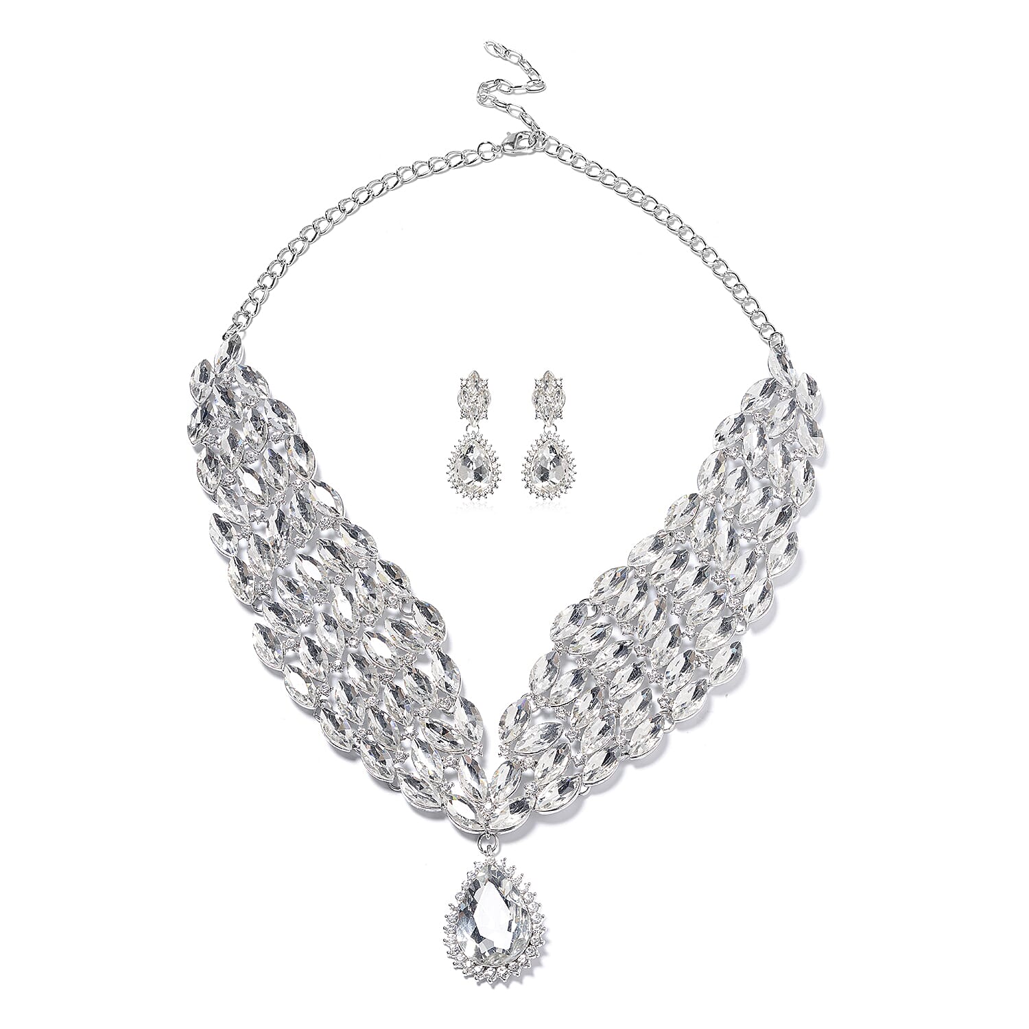White Chroma and White Austrian Crystal Earrings and Collar Necklace 20 Inches in Silvertone