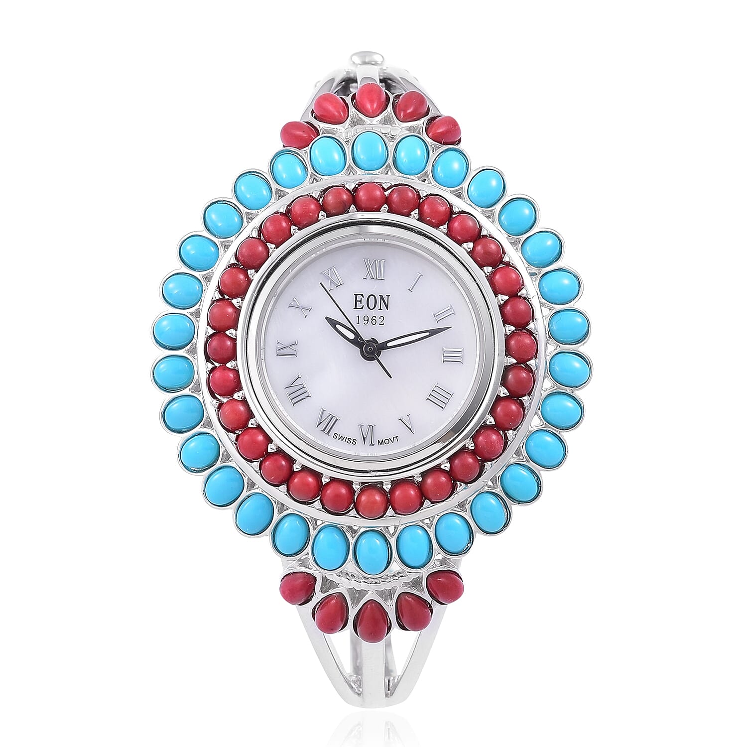 Eon 1962 Bamboo Coral, Sleeping Beauty Turquoise Swiss Movement Watch in Sterling Silver with Stainless Steel Back 11.00 ctw