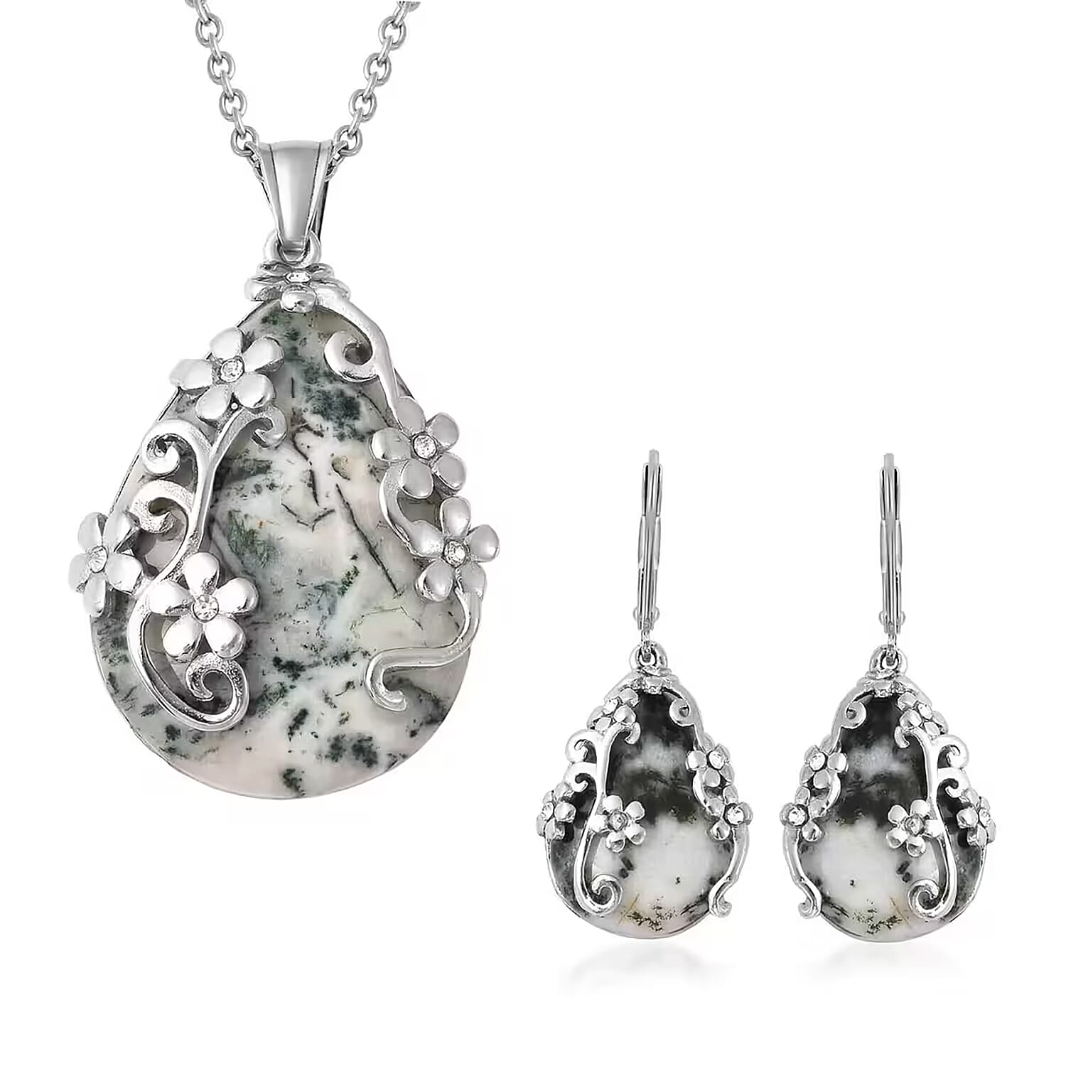 Lapis Lazuli and White Austrian Crystal Floral Earrings and Pendant Necklace 20 Inches in Stainless Steel 92.80 ctw
