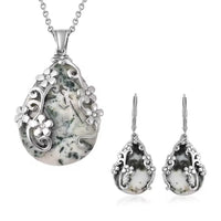 Lapis Lazuli and White Austrian Crystal Floral Earrings and Pendant Necklace 20 Inches in Stainless Steel 92.80 ctw