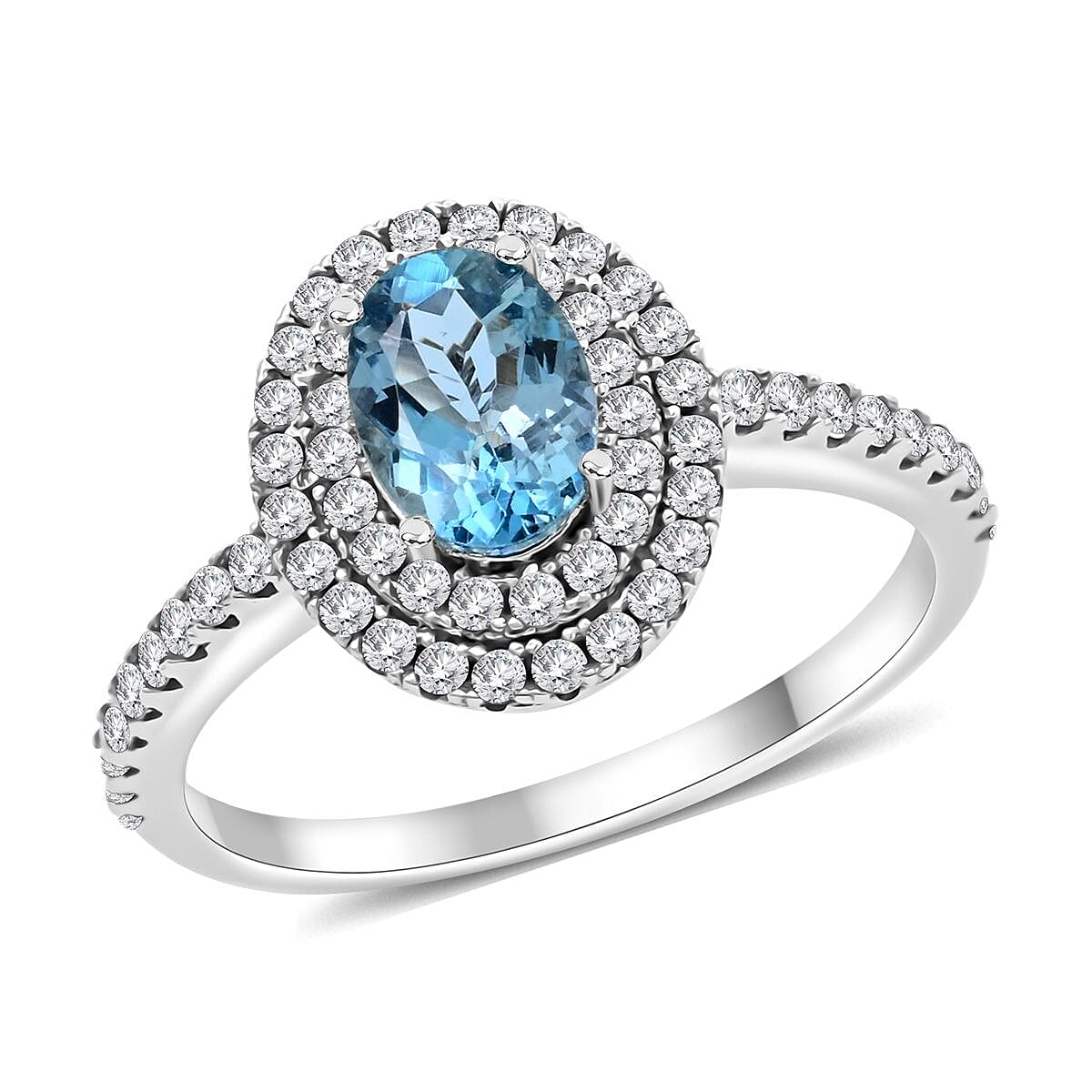 One Of A Kind Certified & Appraised Iliana 18K White Gold AAA Santa Maria Aquamarine and Diamond G-H SI Double Halo Ring 1.15 ctw