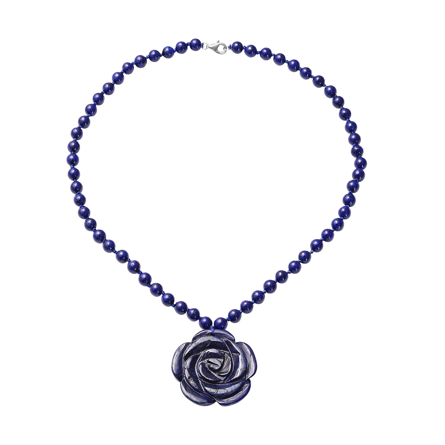 Lapis Lazuli Necklace, Carved Lapis Lazuli 171.00 ctw Necklace, Carved Flower Necklace, Sterling Silver Necklace, Necklace 18 Inch