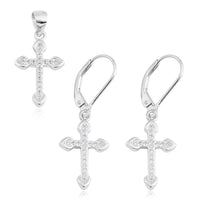 White CZ Sterling Silver Lever Back Earrings and Cross Pendant without Chain 0.54 ctw