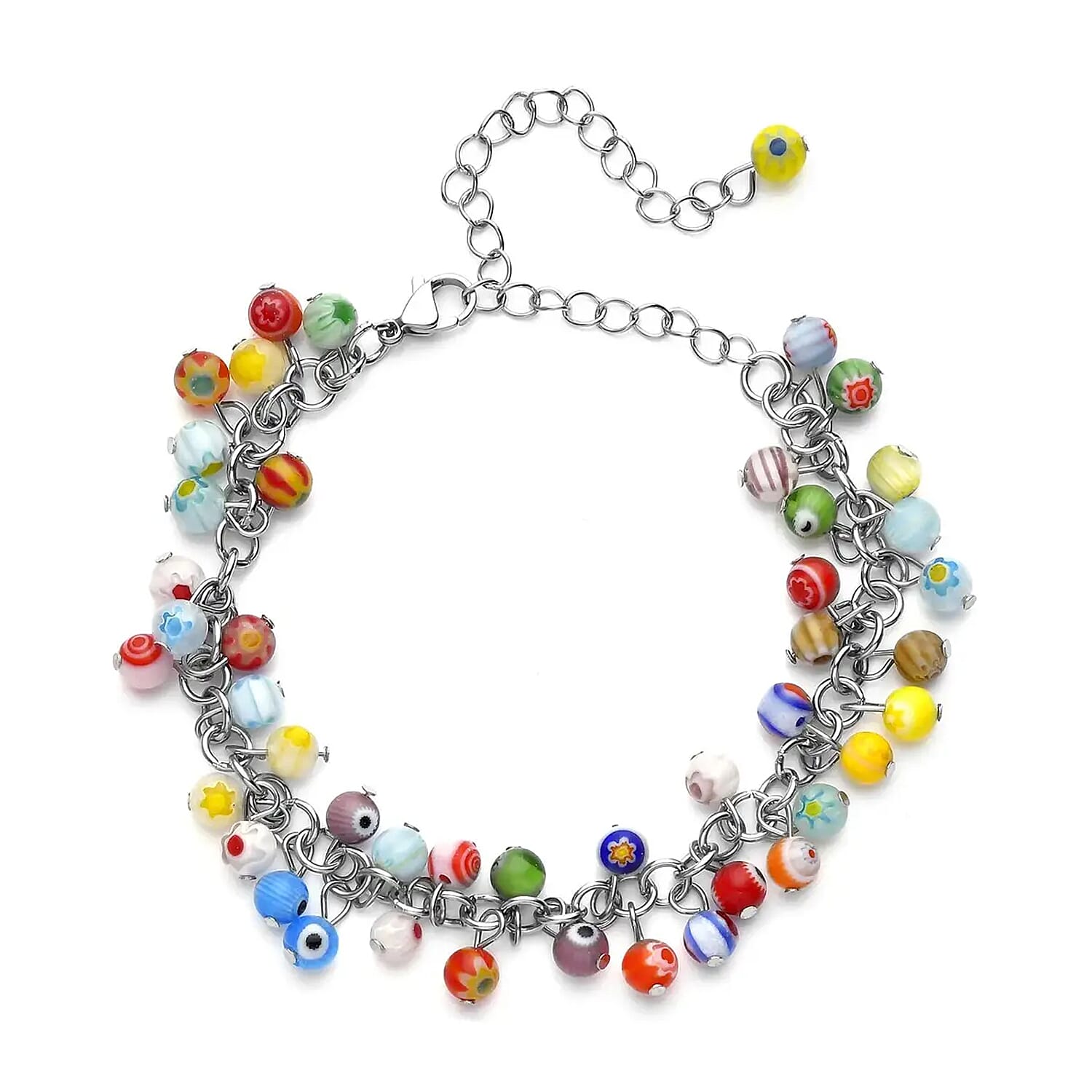 Multi Color Murano Style Beaded Charm Anklet 9-11 Inches in Stainless Steel