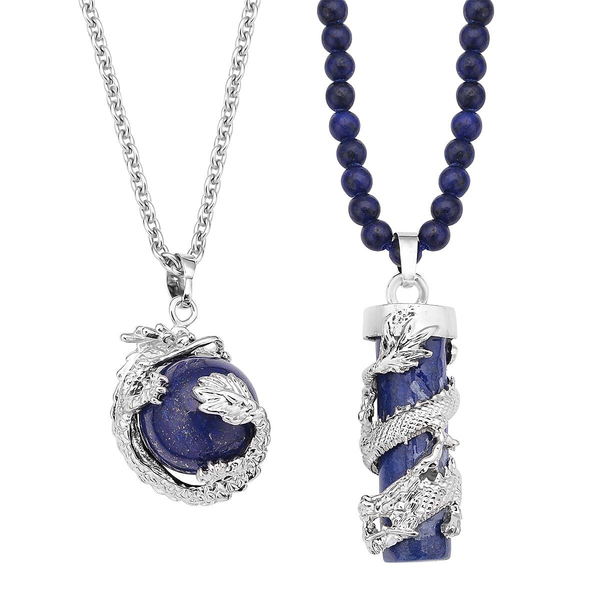 Lapis Lazuli Dragon Sphere Pendant Necklace 20 Inches and Beaded Dragon Scroll Necklace 20-22 Inches in Silvertone and Stainless Steel 215.75 ctw
