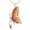 Butterfly Simulated Pearl and White Austrian Crystal Enameled Fairy Pendant Necklace 28 Inches in in Rosetone - Sticky add to cart bar