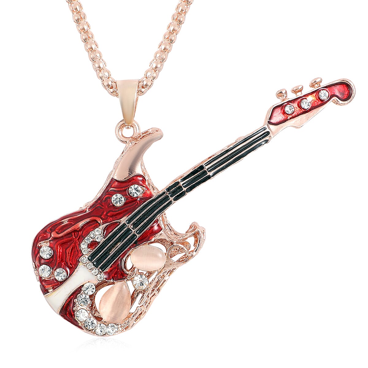 Simulated Pearl, White Austrian Crystal, Enameled Guitar Pendant Necklace 28 Inches in Rosetone & Iron