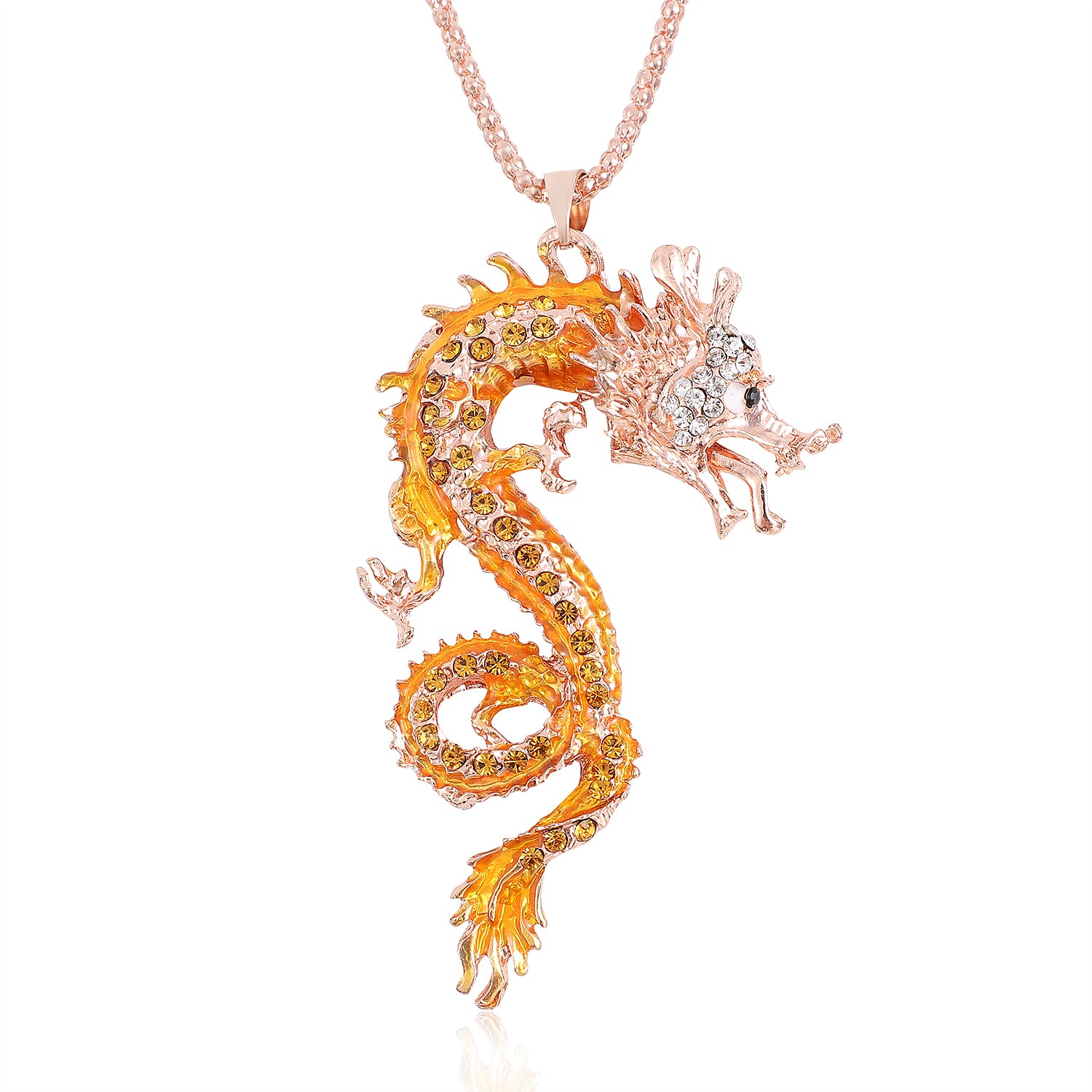 Multi Color Austrian Crystal Dragon Pendant Necklace 28 Inches in Rosetone