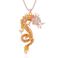 Multi Color Austrian Crystal Dragon Pendant Necklace 28 Inches in Rosetone