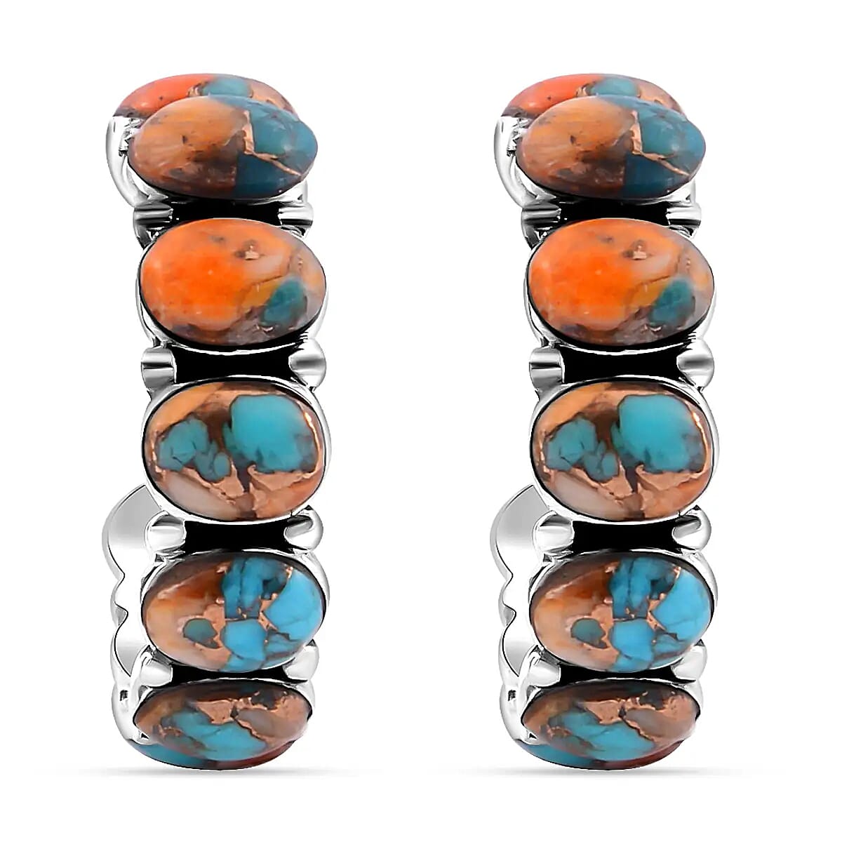 Santa Fe Style Kingman Turquoise 3.75 ctw Half Hoop Earrings in Sterling Silver