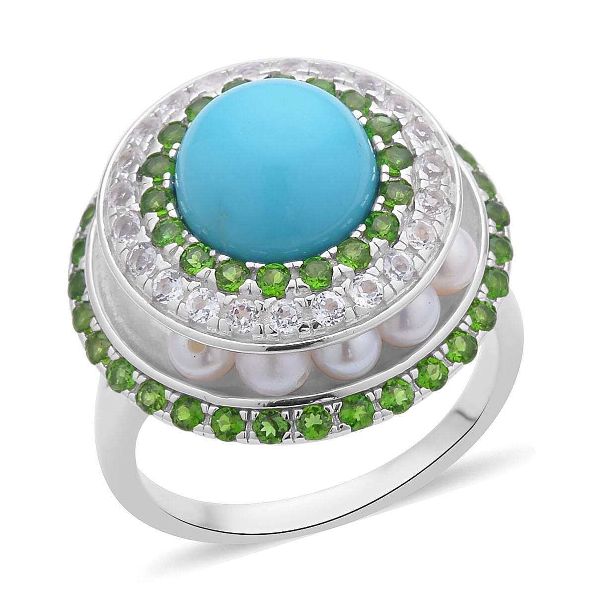 American Natural Sleeping Beauty Turquoise and Multi Gemstone Pearl Slider Ring in Rhodium Over Sterling Silver 5.35 ctw