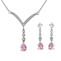 Simulated Pink and White Diamond Earrings and Necklace 18 Inches in Silvertone
