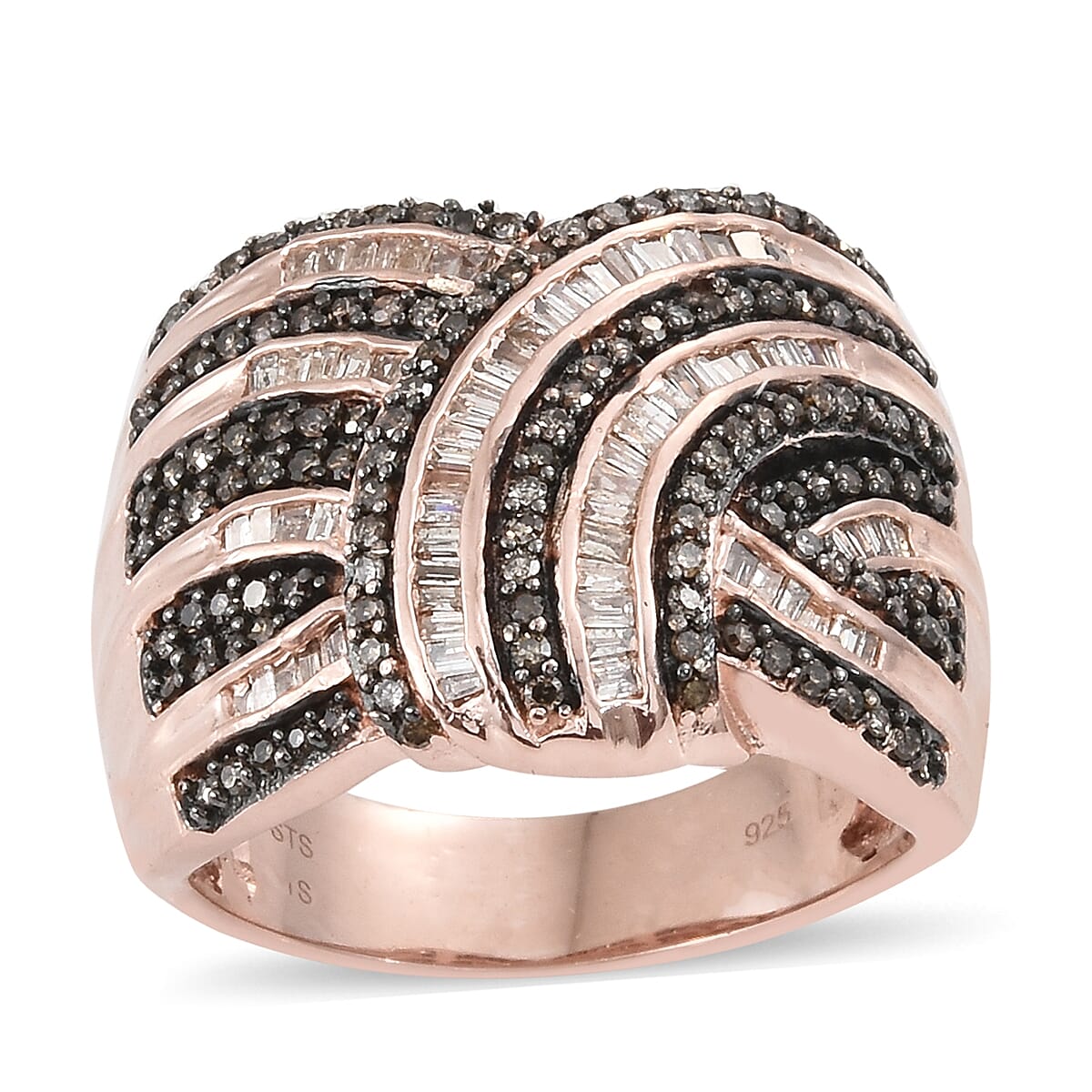 Natural Champagne Diamond Ring in Black Rhodium and Vermeil Rose Gold Over Sterling Silver (Size 6.0) 1.00 ctw