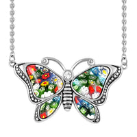 Murano Style and White Austrian Crystal Butterfly Necklace in Black Oxidized Stainless Steel 20 Inches