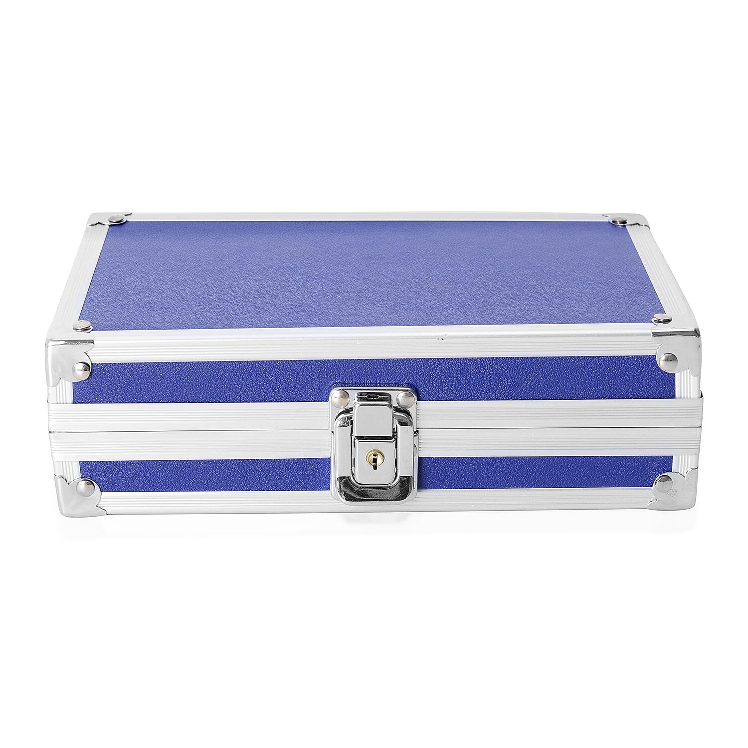 Blue Faux Leather and Aluminum Briefcase Jewelry Box with Lock and Key (8x2.5x5 in)