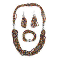 Multi Color Seed Beaded Earrings, Stretchable Bracelet and Multi Strand Necklace 30 Inches in Silvertone - Sticky add to cart bar