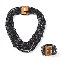 Peacock Seed Bead and Shell Wooden Buckle Stretch Bracelet and Multi Strand Necklace 18 Inches