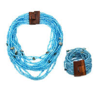 Blue Seed Beads and Shell Wooden Buckle Stretch Bracelet and Multi Strand Necklace 18 Inches