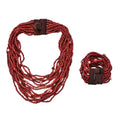Dark Red Seed Bead and Shell Wooden Buckle Stretch Bracelet and Multi Strand Necklace 18 Inches - Sticky add to cart bar