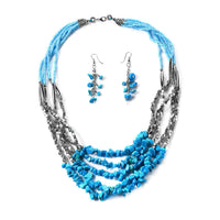Howlite Chips Earrings and Multi Strand Necklace 24 Inch in Silvertone
