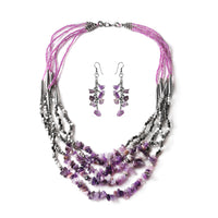 Amethyst Chips Earrings and Multi Strand Necklace 24 Inches in Silvertone