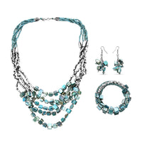 Blue Seed Bead Earrings and Wrap Bracelet and Multi Strand Necklace 22 Inches in Stainless Steel