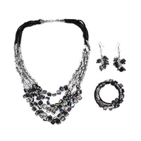 Black Seed Beaded Multi Strand Necklace With Wrap Bracelet Shell Earrings For Women in Stainless Steel, Handmade Jewelry Set For Women (22 Inches)