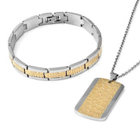 ION Plated YG and Stainless Steel Men's Bracelet (8.50In) and Honey Comb Dog Tag Pendant Necklace (20.00 Inches)