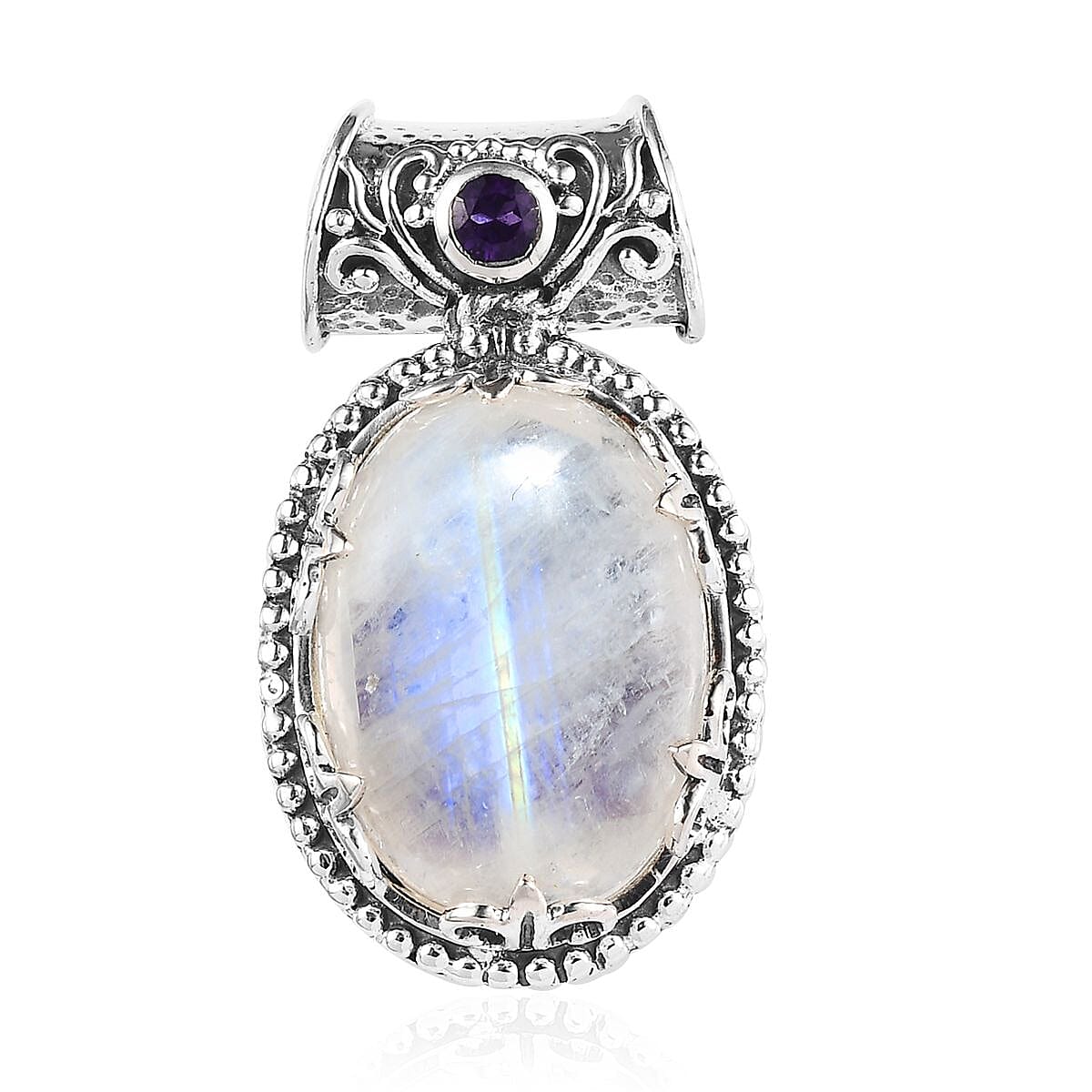 Artisan Crafted Kuisa Rainbow Moonstone and Amethyst Pendant in Sterling Silver 12.90 ctw