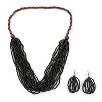 Black Seed Bead and Wooden Beads, Stainless Steel Earrings and Necklace (26 in)