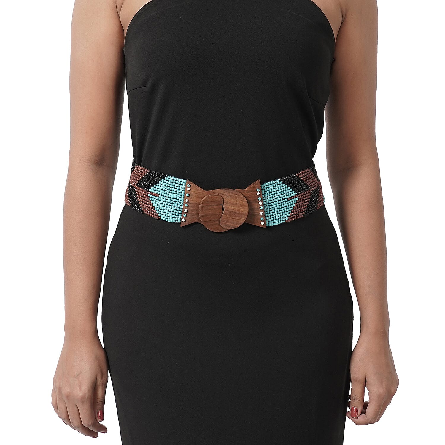 Handcrafted Multi Color Aztec Pattern Seed Beaded Stretchable Belt with Wooden Buckle (Stretchable)