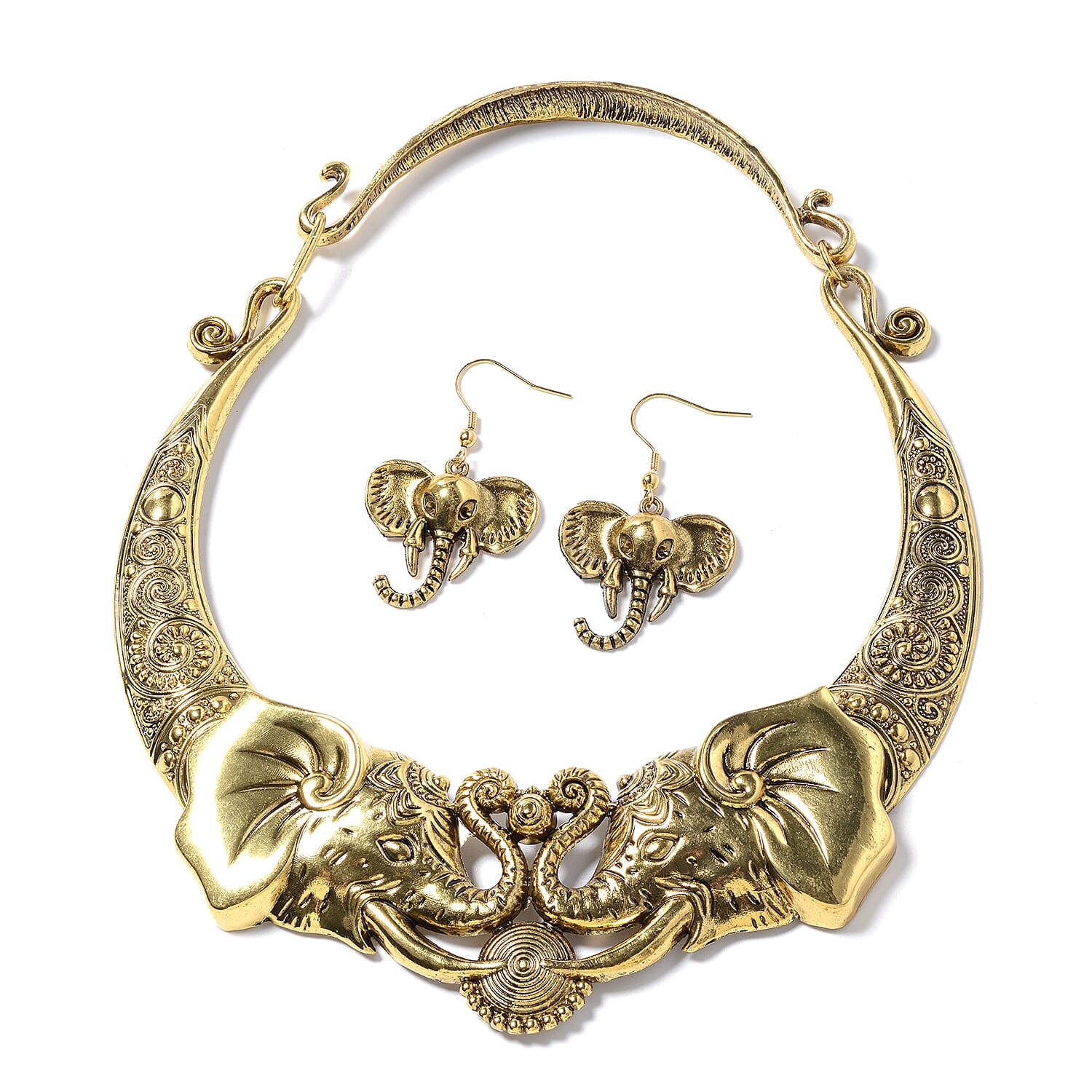 Elephant Earrings and Choker Necklace 16 Inches in Goldtone