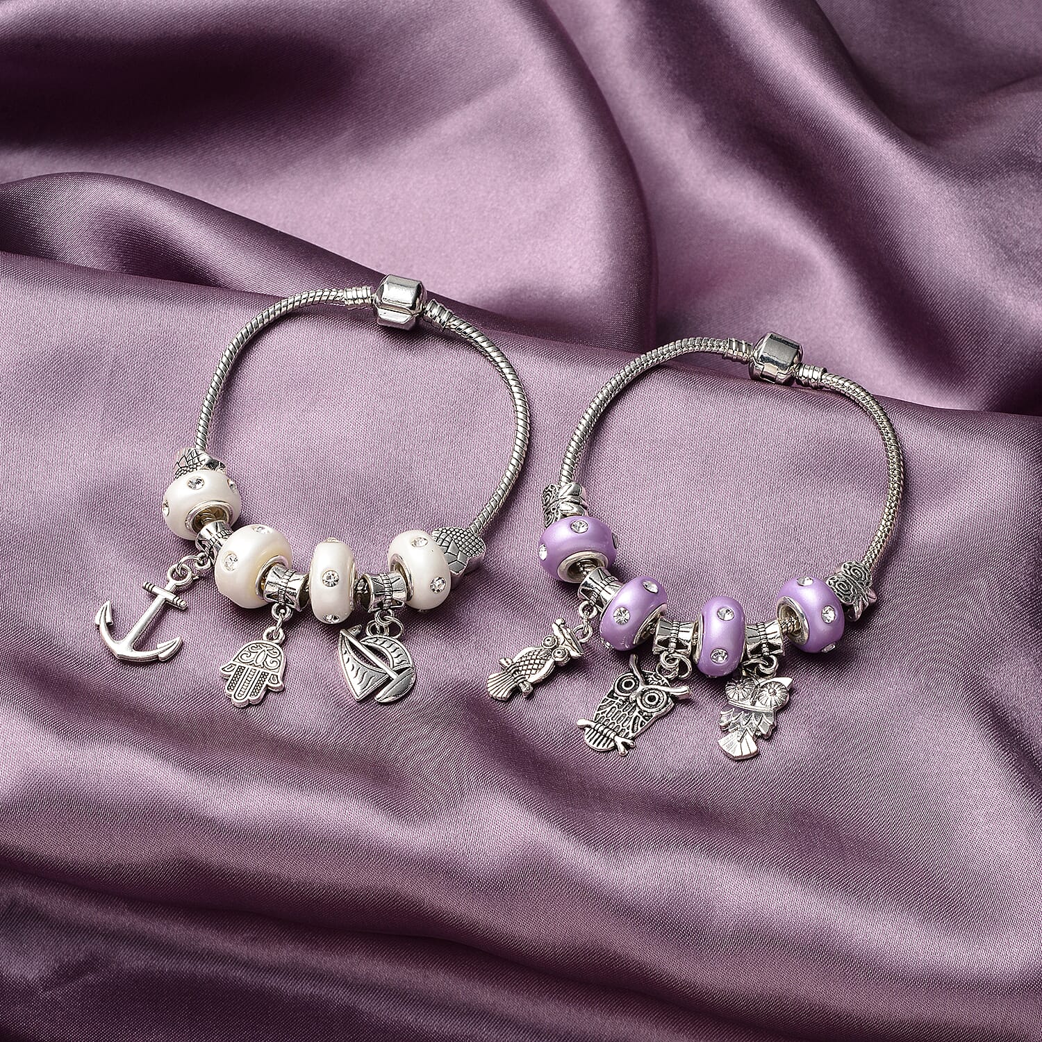White Austrian Crystal and Resin Beaded Set of 2 Multi Charm Bracelet in Black Oxidized Silvertone (7.50 In)