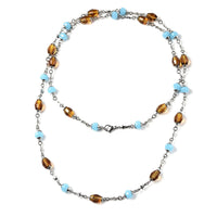 Simulated Blue Jade and Citrine Station Necklace 36 Inch in Stainless Steel
