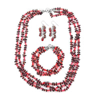 Multi Wear Coral, Seed Beaded Earrings, Multi Wear Triple Strand Bracelet (8 in) and Necklace (20.00 In) in Silvertone