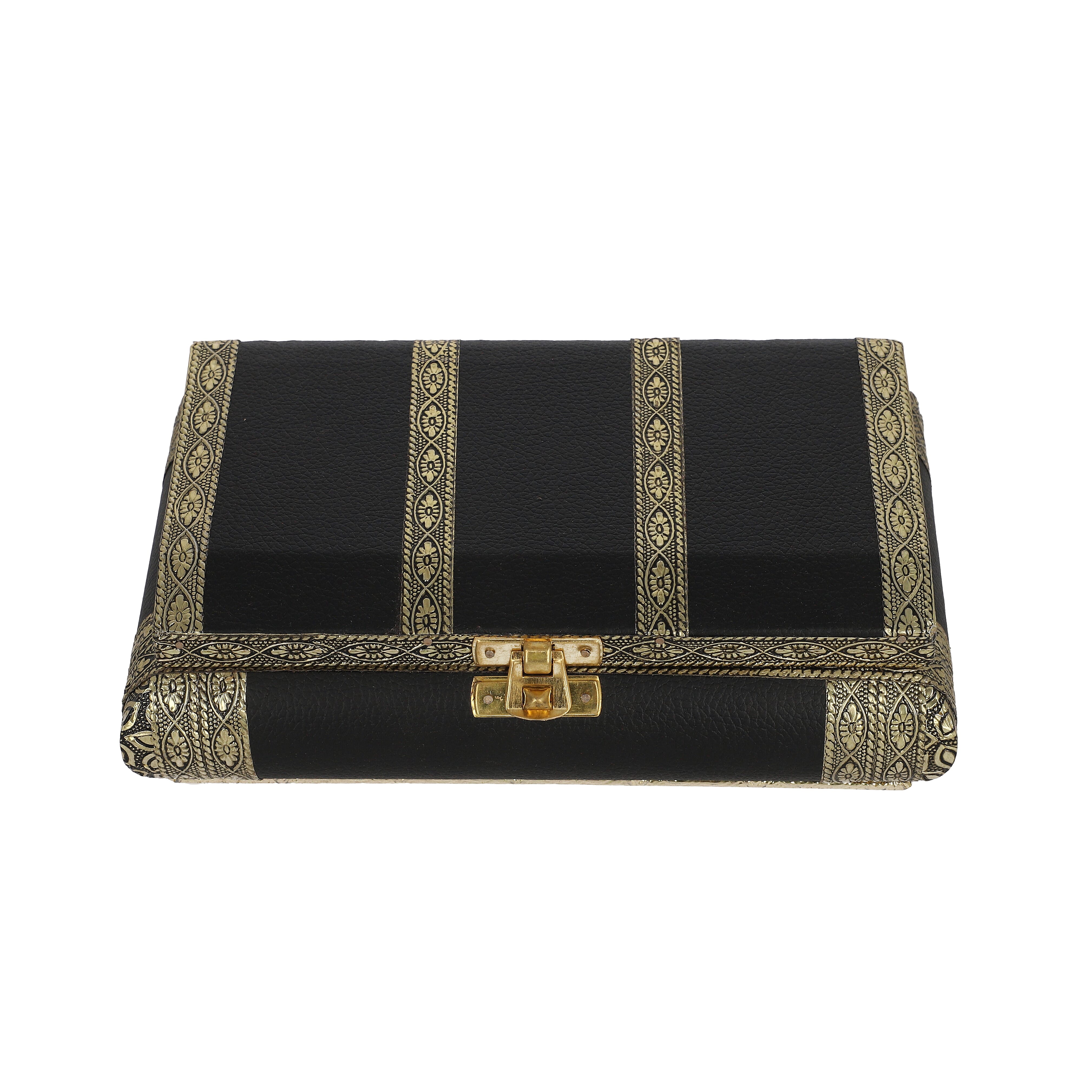 Black Faux Leather Oxidized Jewelry Box with Scratch Protection Interior