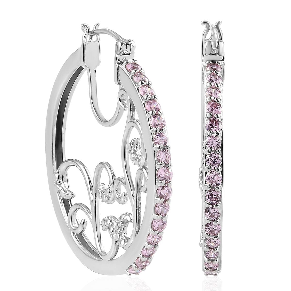 KARIS Simulated Pink Diamond Hoop Earrings in Platinum Bond 3.75 ctw