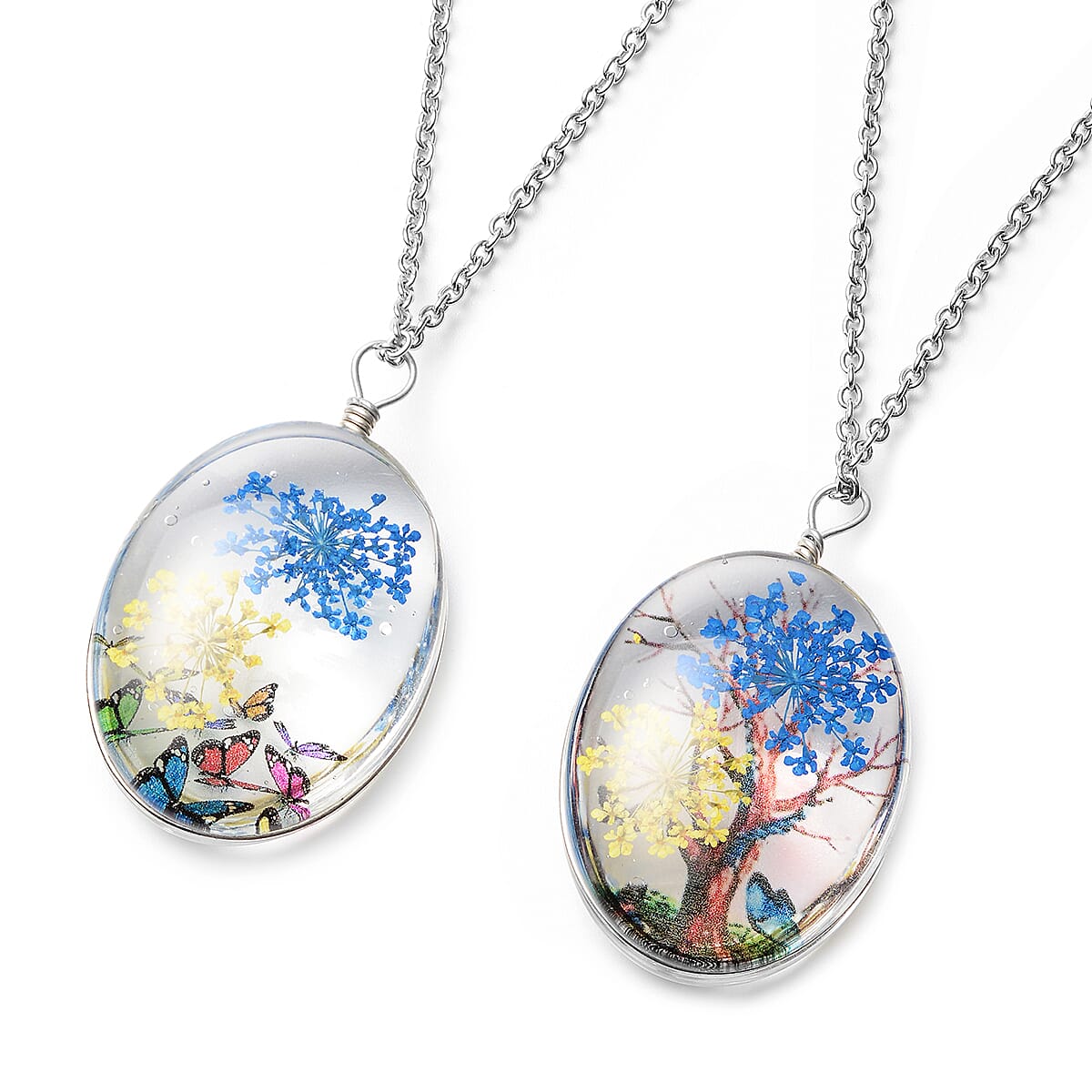 Set of 2 Pressed Flowers, Butterfly and Tree Pendant Necklace 24 Inches in Silvertone and Stainless Steel