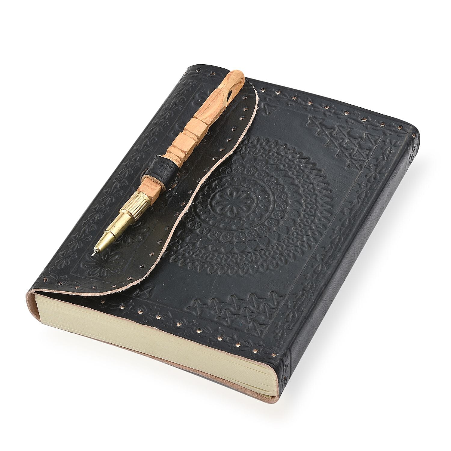 Handmade Black Paper Notebook with Floral Embossed Genuine Leather Cover and Wooden Pen