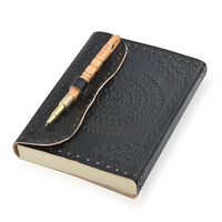 Handmade Black Paper Notebook with Floral Embossed Genuine Leather Cover and Wooden Pen