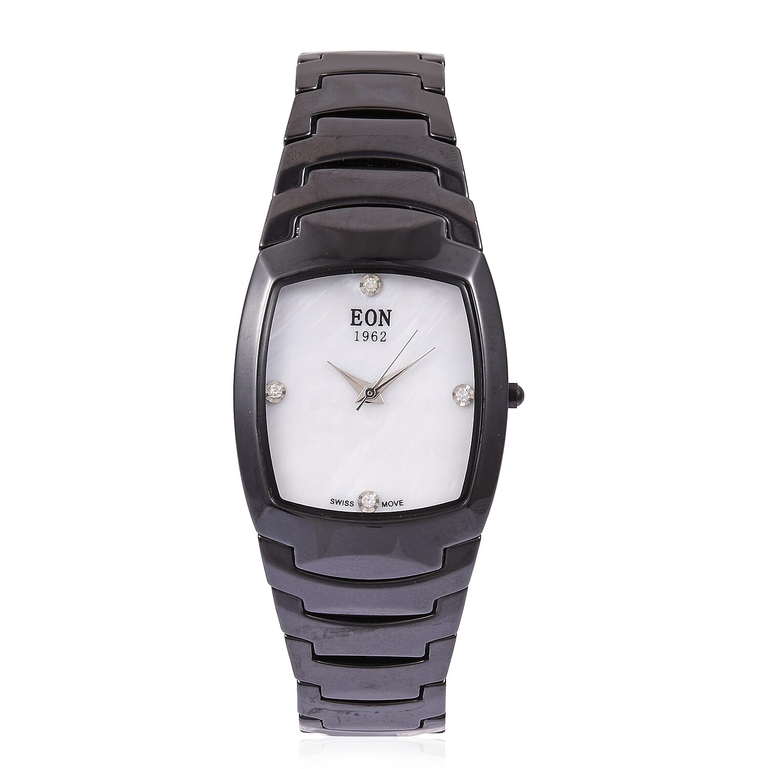 EON 1962 Diamond Swiss Movement Water Resistant Watch with Black Ceramic Strap & Stainless Steel Back TDiaWt 0.06 cts, TGW 383.96 cts.
