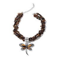 South African Tigers Eye Dragonfly Pendant Necklace 18 Inches in Black Oxidized Silvertone 612.00 ctw