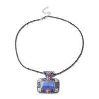60.25 ctw Lapis Lazuli and Enameled Pendant With Hematite Beaded Necklace 18 Inch in Stainless Steel