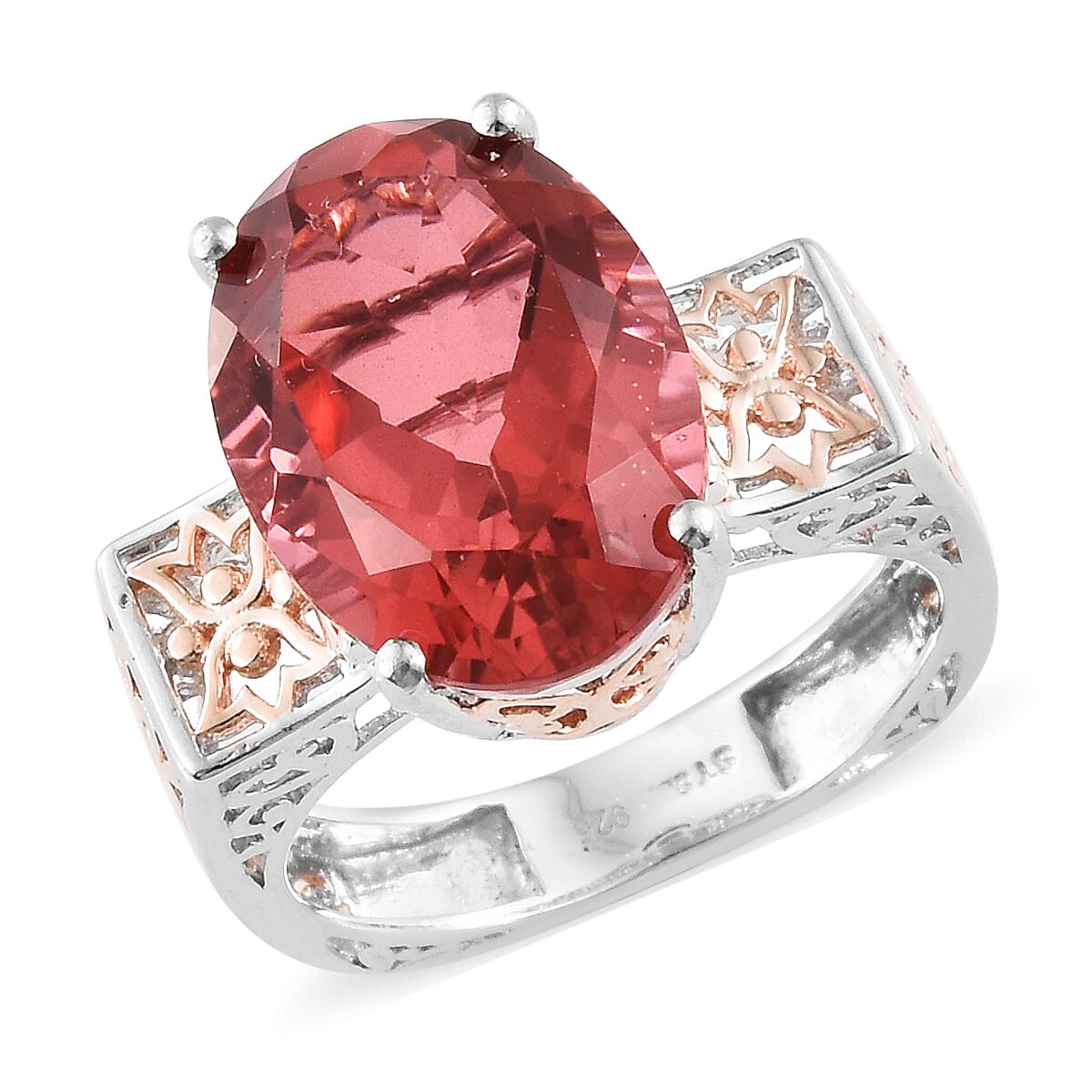 Salmon Quartz Vermeil RG & Platinum Over Sterling Silver Openwork Ring (Size 9.0) TGW 13.50 cts.