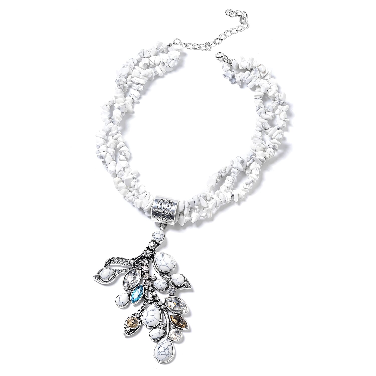 Constituted White Howlite and Simulated Multi Gemstone Pendant With Necklace 18 Inches in Black Oxidized Silvertone 410.50 ctw