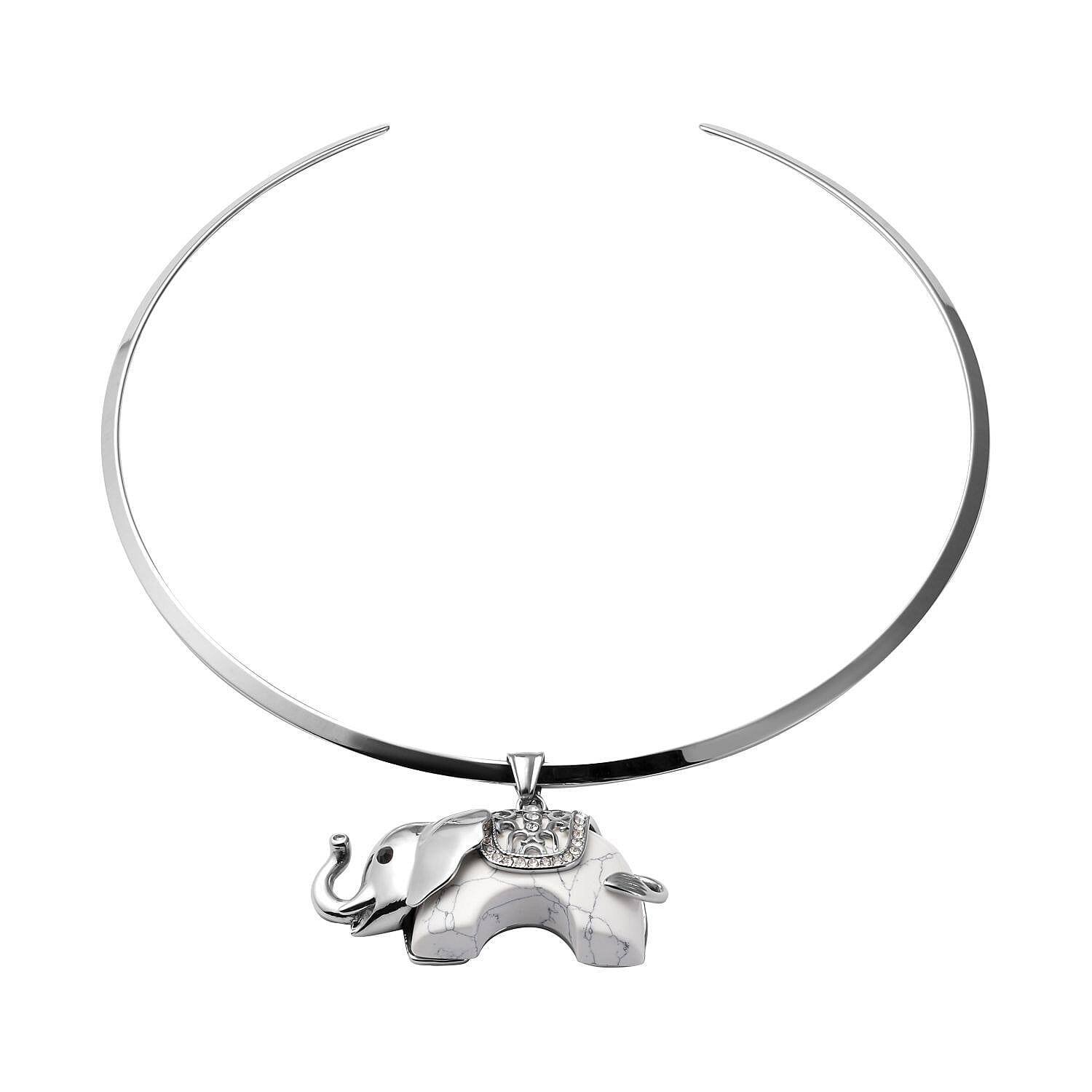 White Howlite, Austrian Crystal Elephant Pendant with Collar Necklace (15 Inches) in Stainless Steel 50.00 ctw