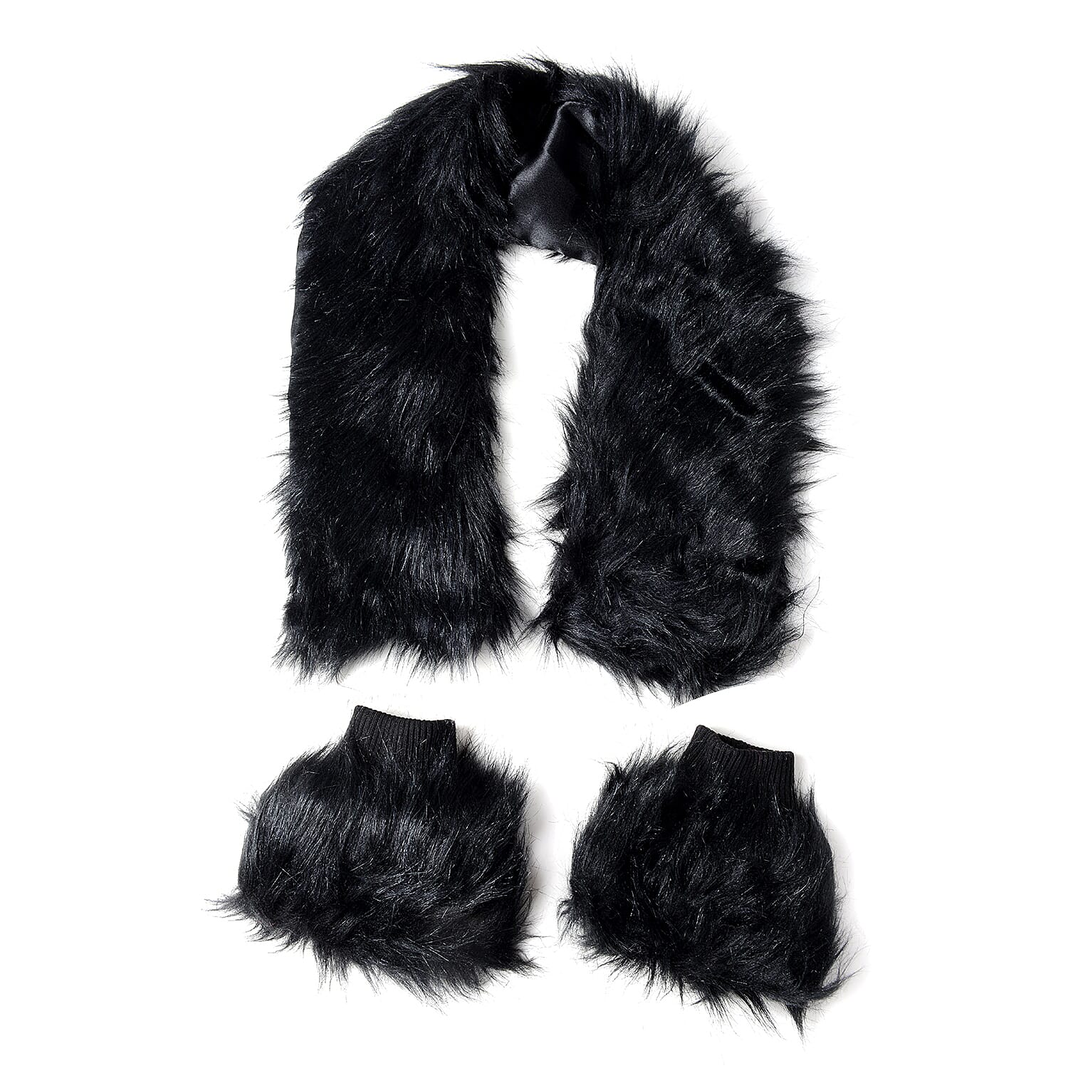 Black Polyester Faux Fur Collar Scarf and Boot Cuffs